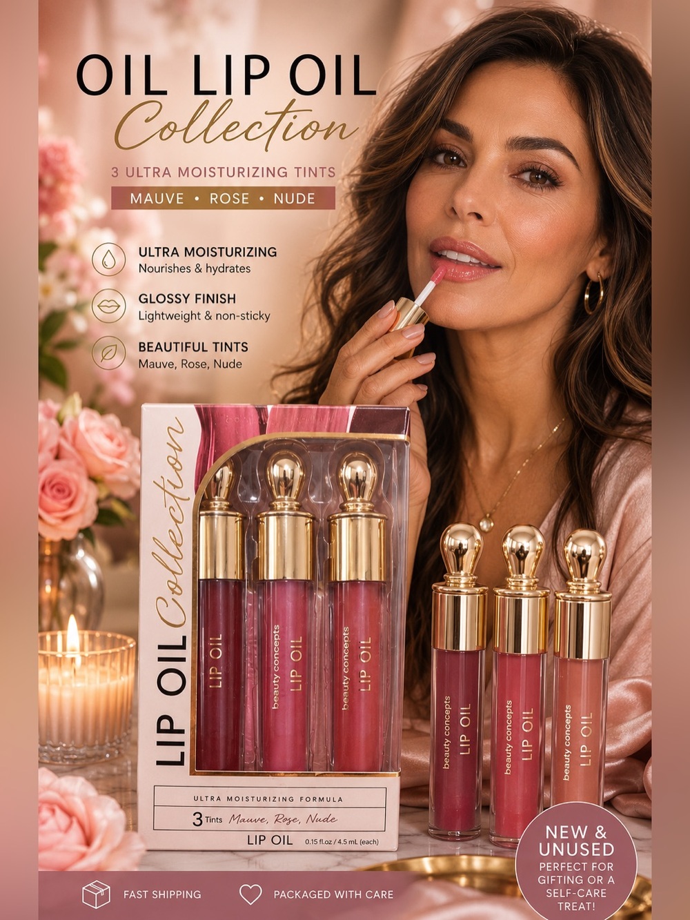 Beauty Concepts Lip Oil Trio — Mauve, Rose & Nude Hydrating Gloss Set